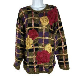 Vintage Chaus Sport Plaid Floral Sweater M Rame/Cotton Blend Hand Wash Only
